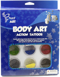 Buzz Retail set tatuaggi glitter con 6 colori e 25 design per bambini
