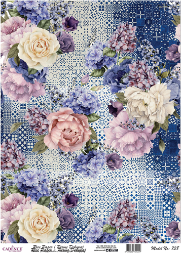 Cadence carta di riso decoupage 30x42 cm flora blu creativa