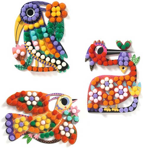 Djeco kit creativo uccelli - set creativo con pompon adesivi