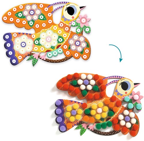 Djeco kit creativo uccelli - set creativo con pompon adesivi-2