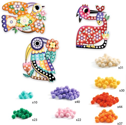 Djeco kit creativo uccelli - set creativo con pompon adesivi-3