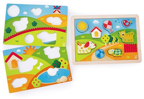 Hape Pepe & Friends puzzle in legno 3-in-1 giocattolo colorato-2