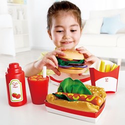 Hape set fast food giocattolo con hamburger, hotdog e patatine per bambini