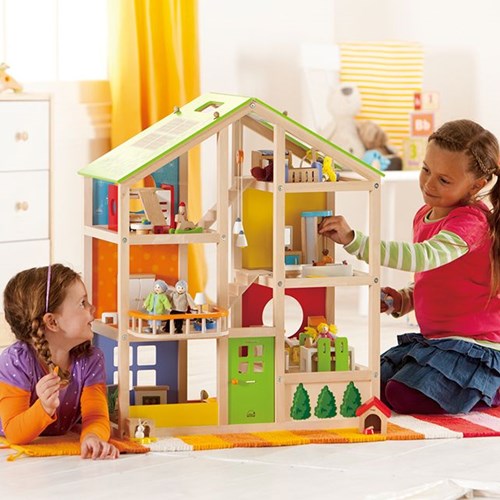 Hape casa delle bambole in legno con mobili - casa giocattolo sostenibile