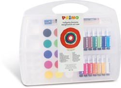 Primo Fantasia: astuccio con 14 tubi di tempera da 12 ml e 15 colori ad acquerello diametro 30 mm, 1 pennello, 1 matita HB, 1 gomma, 1 temperamatite, 1 tavolozza di miscelazione