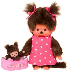 Bambola di peluche Monchhichi 20 cm con MiniBebichhichi cestino giocattolo