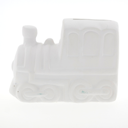 Pincello salvadanaio treno ceramica bianco 9 cm da dipingere bambini
