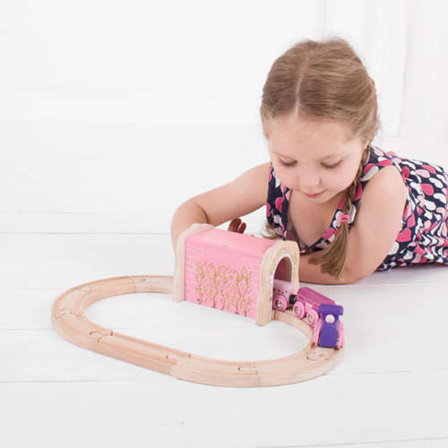 BigJigs tunnel in legno rosa - accessorio per pista treno bambini-2