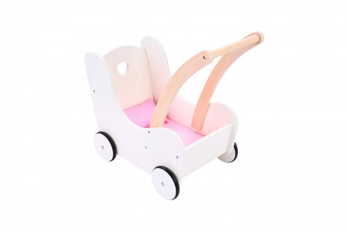 Angel Sports passeggino per bambole in legno rosa-bianco con accessori