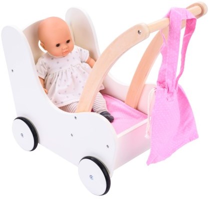 Angel Sports passeggino per bambole in legno rosa-bianco con accessori-3