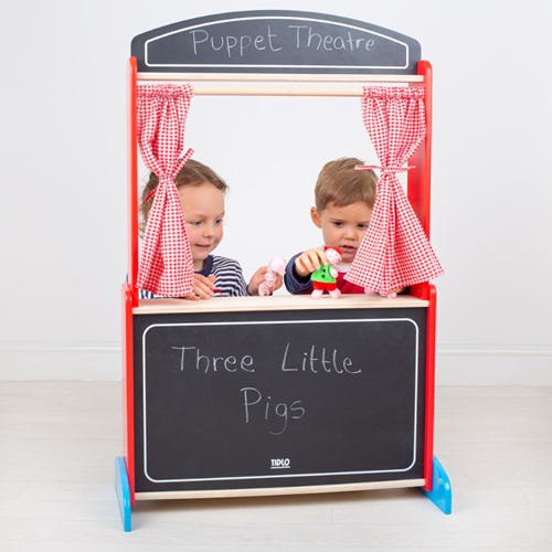 Tidlo teatro delle marionette in legno con lavagna e tendine-2
